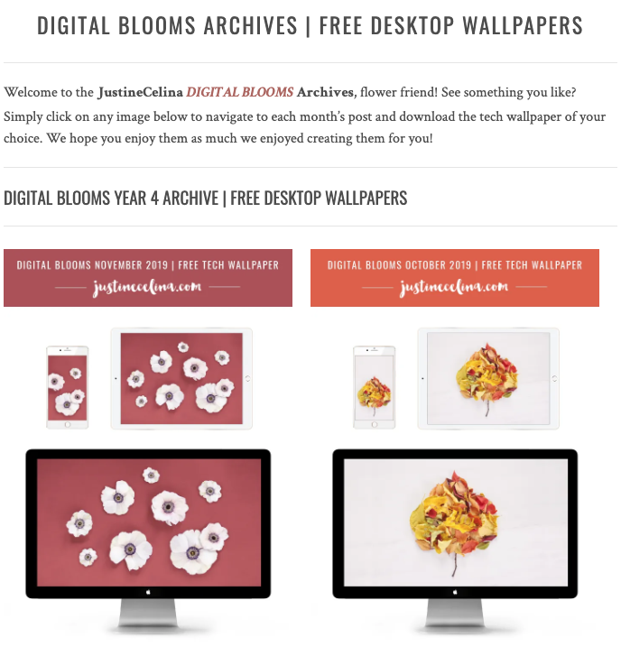Browse the JustineCelina Digital Blooms archives for access to 4 years of free floral tech wallpapers // JustineCelina.com