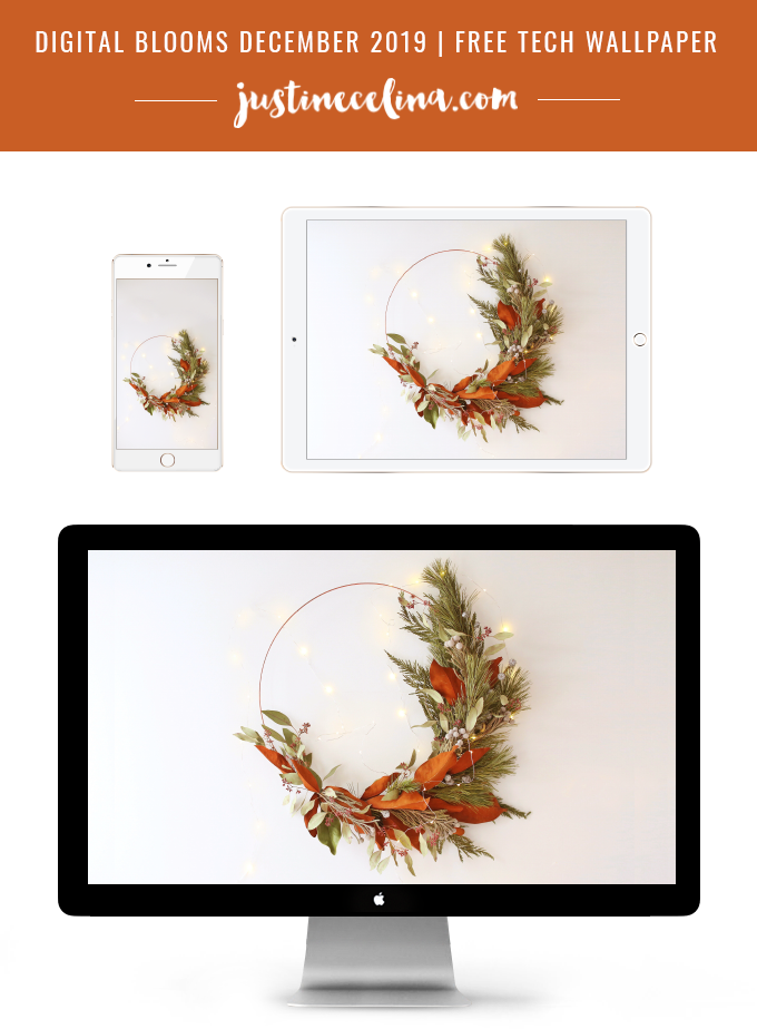 DIGITAL BLOOMS DECEMBER 2019 | FREE DESKTOP WALLPAPER | DIY | Asymmetrical Holiday Wreath | How to Make an Asymmetrical Holiday Wreaths for Christmas with Pine, Cedar, Brunia, Eucalyptus pods, Red Ironbark Eucalyptus and Magnolia | Christmas Wreath DIY | Modern Christmas Wreath DIY | Neutral, Mid Century Modern Christmas Wreath | Free Christmas Digital Wallpaper | Free Holiday Wallpaper | Wreath Wallpaper | Winter Wreath Download | JustineCelina Digital Blooms // JustineCelina.com