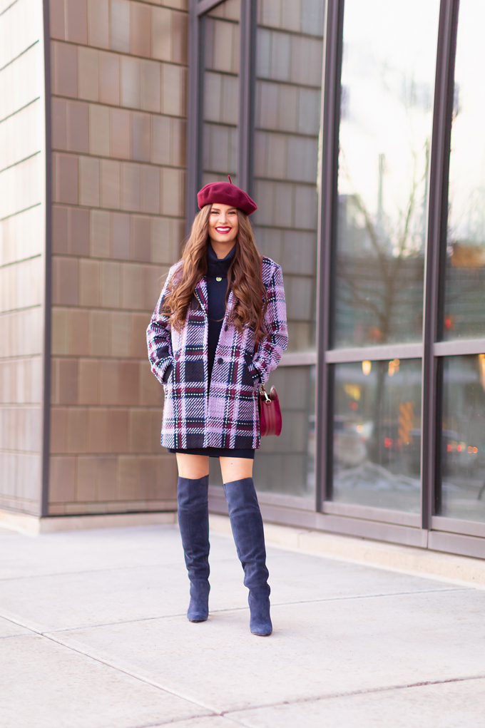 Autumn / Winter 2019 Lookbook: Classic | Top Fall / Winter 2019 / 2020 Trends | Top Winter 2019 / 2020 Trends and How to Wear Them | Brunette woman wearing a Classic Blue Merino Wool Sweater Dress, Joe Fresh Wool Plaid Coat, OTK Blue Suede Boots, Raspberry Beret and Burgundy Crossbody Bag in and urban Setting | How to Wear Pantone’s 202 Color of the Year, Classic Blue | Pantone Color of The Year 2020 Fashion | Top Calgary Fashion Blogger // JustineCelina.com