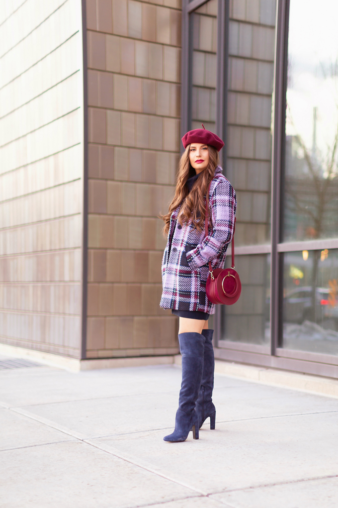 Autumn / Winter 2019 Lookbook: Classic | Top Fall / Winter 2019 / 2020 Trends | Top Winter 2019 / 2020 Trends and How to Wear Them | Brunette woman wearing a Classic Blue Merino Wool Sweater Dress, Joe Fresh Wool Plaid Coat, OTK Blue Suede Boots, Raspberry Beret and Burgundy Crossbody Bag in and urban Setting | How to Wear Pantone’s 202 Color of the Year, Classic Blue | Pantone Color of The Year 2020 Fashion | Top Calgary Fashion Blogger // JustineCelina.com