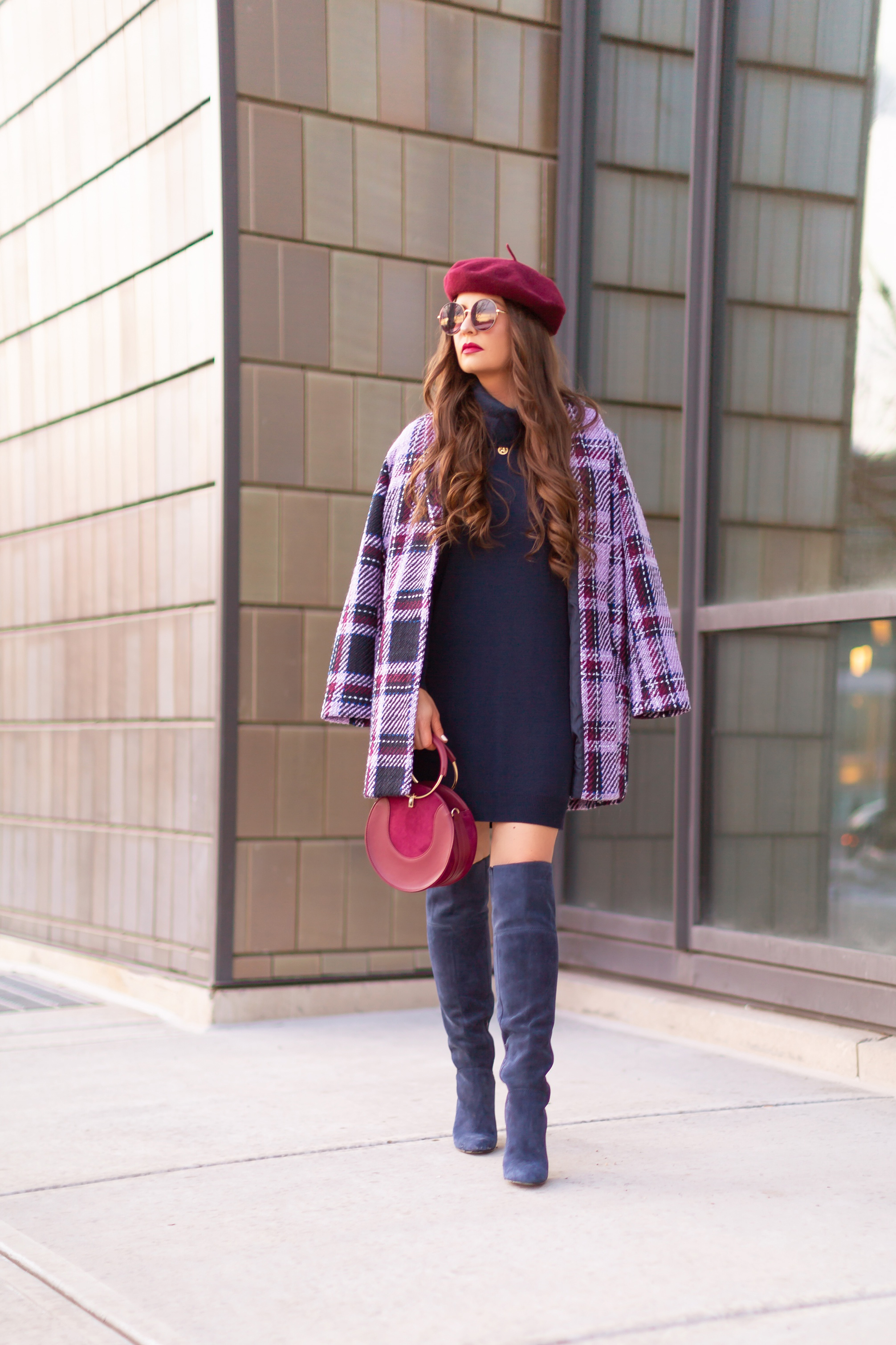 Autumn / Winter 2019 Lookbook: Classic | Top Fall / Winter 2019 / 2020 Trends | Top Winter 2019 / 2020 Trends and How to Wear Them | Brunette woman wearing a Classic Blue Merino Wool Sweater Dress, Joe Fresh Wool Plaid Coat, OTK Blue Suede Boots, Raspberry Beret and Burgundy Crossbody Bag in and urban Setting | How to Wear Pantone’s 202 Color of the Year, Classic Blue | Pantone Color of The Year 2020 Fashion | Top Calgary Fashion Blogger // JustineCelina.com