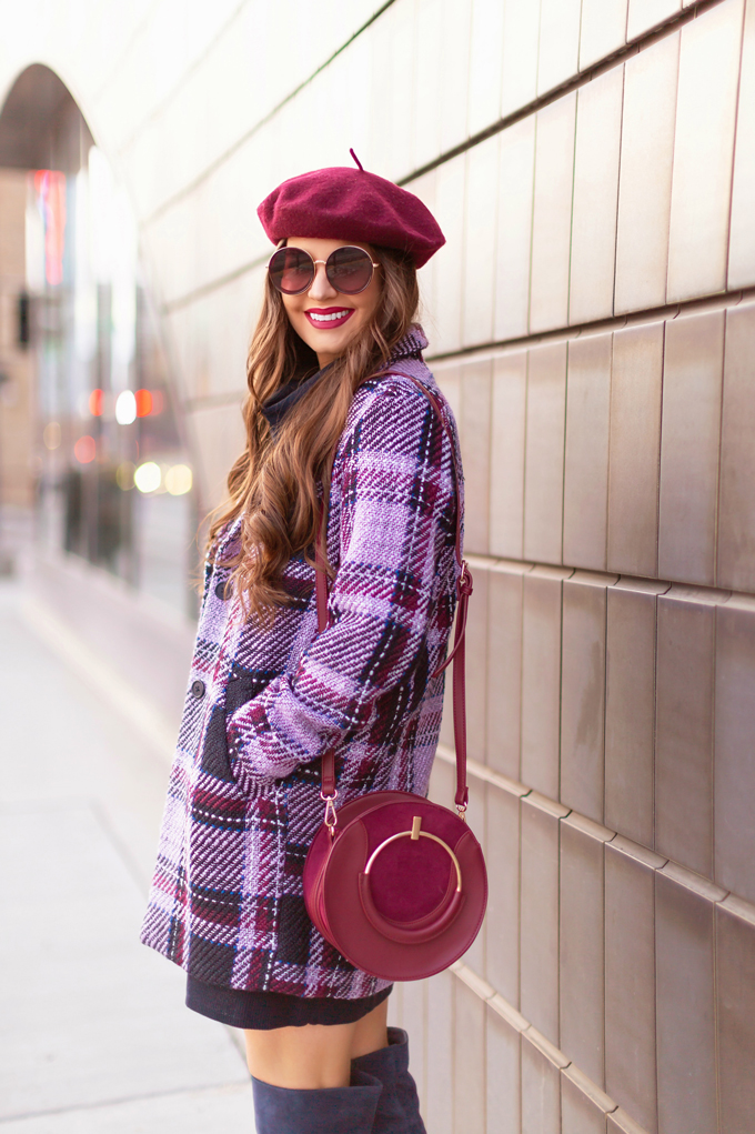 Autumn / Winter 2019 Lookbook: Classic | Top Fall / Winter 2019 / 2020 Trends | Top Winter 2019 / 2020 Trends and How to Wear Them | Brunette woman wearing a Joe Fresh Wool Plaid Coat, OTK Classic Blue Suede Boots, Raspberry Beret and Burgundy Crossbody Bag in and urban Setting | How to Wear Pantone’s 202 Color of the Year, Classic Blue | Pantone Color of The Year 2020 Fashion | Clove + Hallow Uptown Lip Velvet | Top Calgary Fashion Blogger // JustineCelina.com