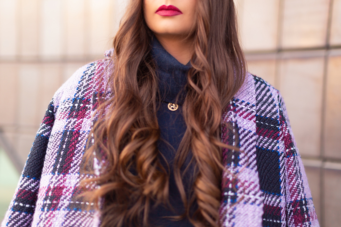 Autumn / Winter 2019 Lookbook: Classic | Top Fall / Winter 2019 / 2020 Trends | Top Winter 2019 / 2020 Trends and How to Wear Them | Brunette woman wearing a Joe Fresh Wool Plaid Coat, OTK Classic Blue Suede Boots, Raspberry Beret and Burgundy Crossbody Bag in and urban Setting | How to Wear Pantone’s 202 Color of the Year, Classic Blue | Pantone Color of The Year 2020 Fashion | Clove + Hallow Uptown Lip Velvet | Top Calgary Fashion Blogger // JustineCelina.com