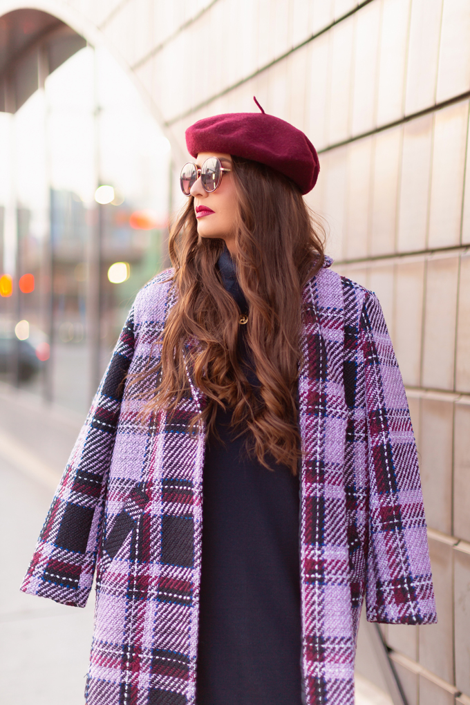 Autumn / Winter 2019 Lookbook: Classic | Top Fall / Winter 2019 / 2020 Trends | Top Winter 2019 / 2020 Trends and How to Wear Them | Brunette woman wearing a Joe Fresh Wool Plaid Coat, OTK Classic Blue Suede Boots, Raspberry Beret and Burgundy Crossbody Bag in and urban Setting | How to Wear Pantone’s 202 Color of the Year, Classic Blue | Pantone Color of The Year 2020 Fashion | Clove + Hallow Uptown Lip Velvet | Top Calgary Fashion Blogger // JustineCelina.com