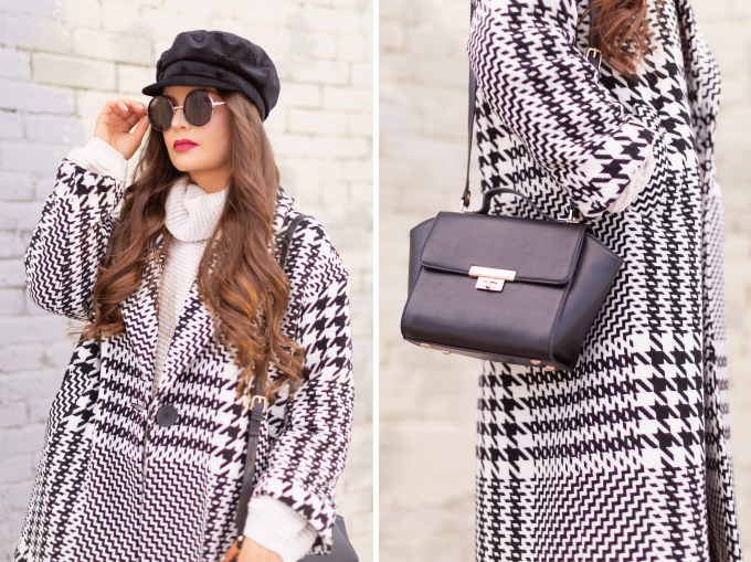 Autumn / Winter 2019 Lookbook: Houndstooth Chic | Top Fall / Winter 2019 / 2020 Trends | Top Winter 2019 / 2020 Trends and How to Wear Them | Brunette woman wearing a Zara Oversized Houndstooth Coat, Black Round Sunglasses, a Velvet Baker Boy Hat, a Chunky Cream Sweater, Black Faux Leather Leggings, and TopShop Leather Asymmetric Ankle Booth | How to Style a Houndstooth for 2020 | How to Wear Houndstooth | Chic Winter Fashion Ideas | Top Calgary Fashion Blogger // JustineCelina.com