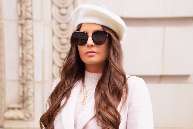 Autumn / Winter 2019 Lookbook: Parisian Plaid | Top Fall / Winter 2019 / 2020 Trends | Top Winter 2019 / 2020 Trends and How to Wear Them | Brunette woman wearing an Evernew Tori Double Breasted Crombie Coat in Blonde, Blac Cat Eye Sunglasses, Cream Beret and Vintage Suede Crossbody Bag Downtown | How to Style Millennial Pink in 2020 | Chic Winter Fashion Ideas | Clove + Hallow Lip Creme in Ballerina Slippers | Top Calgary Fashion Blogger // JustineCelina.com