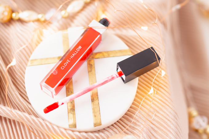 My Top 5 Red Lipsticks for the Holidays | Clove + Hallow Lip Velvet in Fiesta photos, review, swatches | Brunette woman wearing a festive red lipstick | best red lipstick for MAC NC 25 - 30 skin, best clean vegan red lipstick, best carmine free red lipstick, best lipstick for winter complexion, must have lipsticks 2019, best red liquid lipstick, best long lasting red lipstick, Christmas lipstick 2019, winter lipstick colors 2019 | Calgary Beauty Blogger // JustineCelina.com