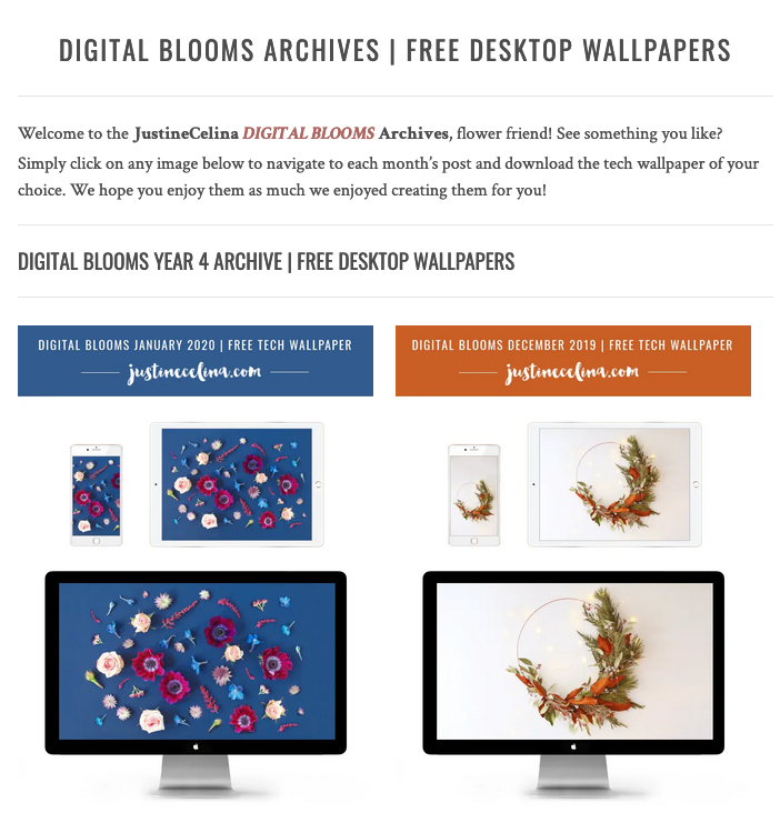 Browse the JustineCelina Digital Blooms archives for access to 4 years of free floral tech wallpapers // JustineCelina.com