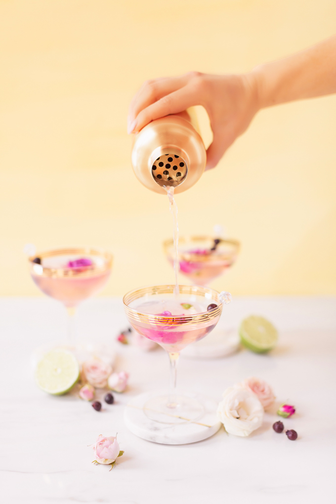 Honeyed Saskatoon Cherry Gimlet | A 4 ingredient craft cocktail made with Eau Claire Distillery’s Saskatoon Honey Gin | Refined Sugar Free Gin Cocktail | A simple gimlet made with artisanal gin, Saskatoon berries, Alberta honey, Fee Brothers Cherry Bitters and fresh lime juice | The Best Easy Gin Cocktails | Simple Spring Gin Cocktail | Pink gin cocktails in gold rimmed coupe glasses garnished with Saskatoon berries and pink roses | Calgary Cocktail and Lifestyle Blogger // JustineCelina.com