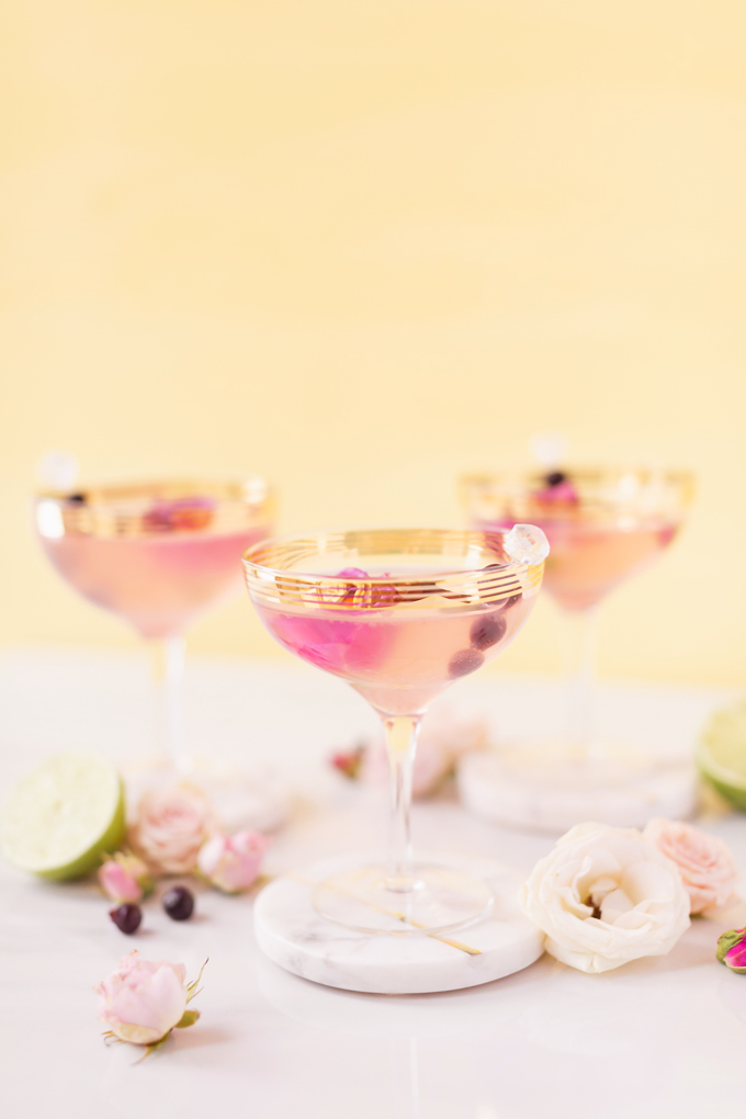 Honeyed Saskatoon Cherry Gimlet | A 4 ingredient craft cocktail made with Eau Claire Distillery’s Saskatoon Honey Gin | Refined Sugar Free Gin Cocktail | A simple gimlet made with artisanal gin, Saskatoon berries, Alberta honey, Fee Brothers Cherry Bitters and fresh lime juice | The Best Easy Gin Cocktails | Simple Spring Gin Cocktail | Pink gin cocktails in gold rimmed coupe glasses garnished with Saskatoon berries and pink roses | Calgary Cocktail and Lifestyle Blogger // JustineCelina.com