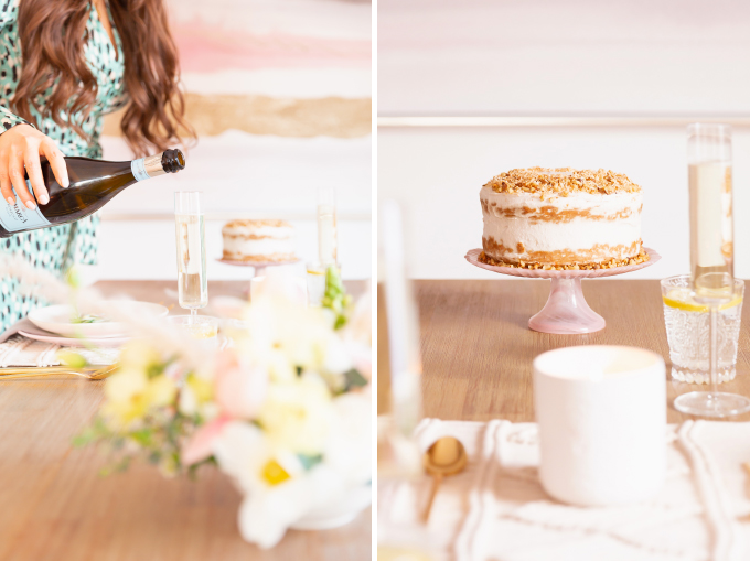 A Simple Easter Dinner for Two | JustineCelina’s Mid Century Modern Bohemian Dining Room Table Set for Easter | Easter Table Setting with a Vegan, Gluten and Oil Free Carrot Cake, Pastel Dinnerware, Champagne Flutes, Lemon Water, Gold Flatware, a Candle and Macrame Table Runner | Easter 2020 | Easter Entertaining at Home | Healthy Easter Carrot Cake | Easy Easter Decor Ideas | Mid Century Modern Easter Decor | Easy Easter Table Settings | Calgary Lifestyle and Decor Blogger // JustineCelina.com