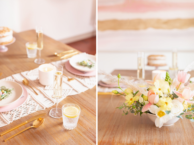 A Simple Easter Dinner for Two | JustineCelina’s Mid Century Modern Bohemian Dining Room Set for Easter | Easter Table Setting with a Mini Egg Birds Nest on Each Place Setting, Pastel Dinnerware, Champagne Flutes, Lemon Water, Gold Flatware, a Candle and Macrame Table Runner | Easter 2020 | Easter Entertaining at Home | Easter Floral Centrepieces | Easy Easter Decor Ideas | Mid Century Modern Easter Decor | Easy Easter Table Settings | Calgary Lifestyle and Decor Blogger // JustineCelina.com