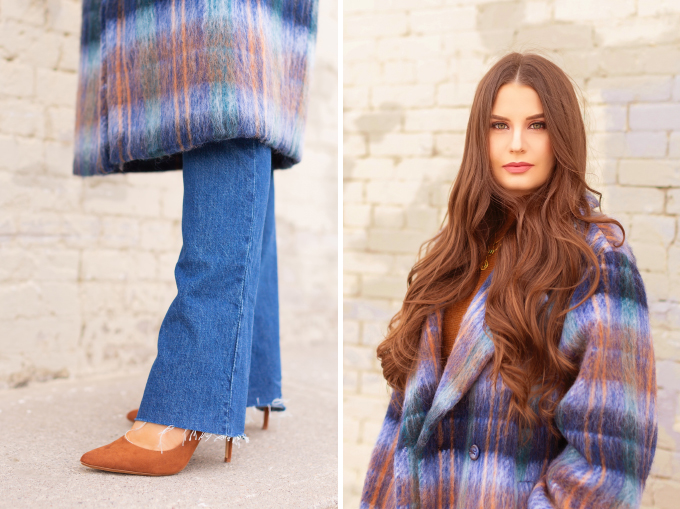 WINTER / SPRING 2020 LOOKBOOK | Classic Blue Checks | Brunette woman wearing a Classic Blue UO Oversized Plaid Wool Overcoat, Zara Straight Leg Blue Jeans, Mango Cognac Asymmetric Stiletto Shoes, H&M Brown Knit Turtleneck Sweater | Top Transitional Winter to Spring 2020 Trends | Canadian Winter / Spring Lookbook | How to Wear Pantone’s 2020 Color of the Year, Classic Blue | Pantone Color of The Year 2020 Fashion | Transitional Winter to Spring Fashion for Canadians // JustineCelina.com