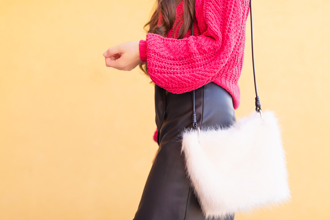 WINTER / SPRING 2020 LOOKBOOK | Urban Chic | Brunette woman wearing a Vegan Leather Button Down Midi, Chenille Magenta Statement Sleeve Sweater, Zara Houndstooth Beret, Black Circular Sunglasses, Cream Faux Fur Bucket Bag and Satin Black OTK Pointed Toe Boots | Top Transitional Winter to Spring 2020 Trends | Canadian Winter / Spring Lookbook | How to Wear Spring 2020’s Mini Dress | Transitional Winter to Spring Fashion for Canadians // JustineCelina.com