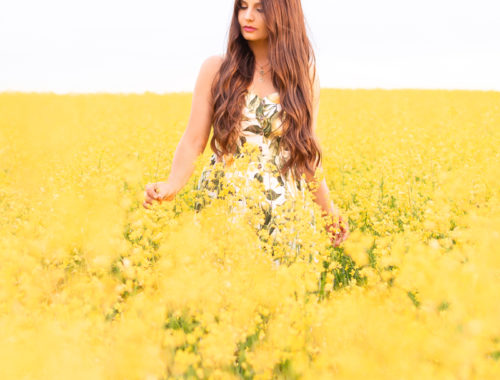 July 2020 Soundtrack | Chill Summer Playlist | Inspiring Summer Playlist Spotify | Dreamy Summer 2020 Playlist | Brunette woman in a field of canola at sunset wearing a lemon print sundress | Yellow Flower Field | Wheatland County, Alberta, Canada Canola Field | Summer 2020 Bohemian Style Ideas | Boho Casual Summer Dresses | Summer 2020 Fashion | Best H&M Dresses Summer 2020 | Alberta Canola Fields 2020 | Calgary, Alberta, Canada Creative Lifestyle Blogger and Entrepreneur// JustineCelina.com