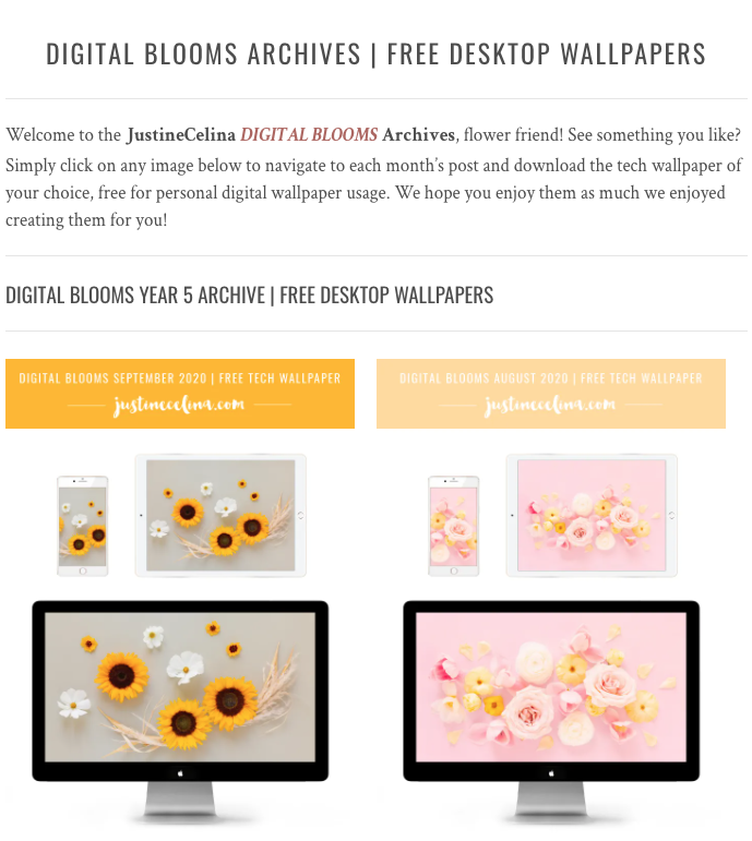 Browse the JustineCelina Digital Blooms archives for access to 5 years of free floral tech wallpapers // JustineCelina.com