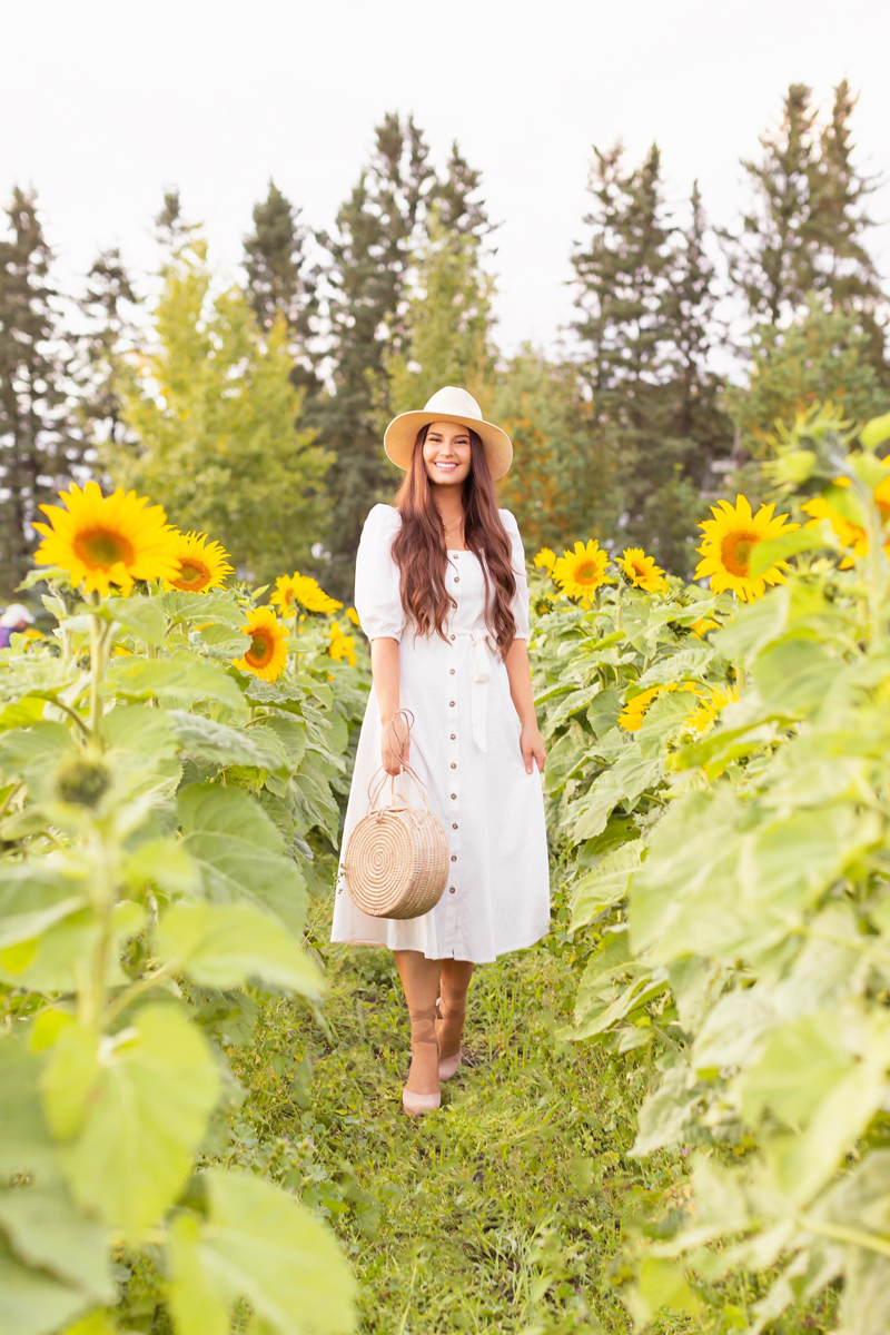 A Guide to Bowden SunMaze & Eagle Creek Farms | Bowden SunMaze September 2020 | Sunflower Field Near Me | The Best Alberta Sunflower Field | Alberta Sunflower U-Pick | Bowden SunMaze Sunflower Field Best Time To Go | Bowden SunMaze Cost | Eagle Creek Farms Review | Sunflower Field Photography Tips | Cottagecore Style | Smiling brunette woman wearing a cream Crêped Cotton Dress and woven fedora laughing in a field of sunflowers at sunset | Calgary Lifestyle Blogger // JustineCelina.com