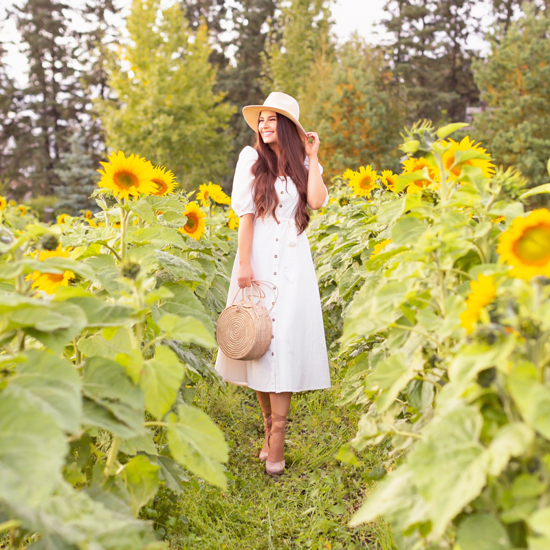 A Guide to Bowden SunMaze & Eagle Creek Farms | Bowden SunMaze September 2020 | Sunflower Field Near Me | The Best Alberta Sunflower Field | Alberta Sunflower U-Pick | Bowden SunMaze Sunflower Field Best Time To Go | Bowden SunMaze Cost | Eagle Creek Farms Review | Sunflower Field Instagram Tips | Cottagecore Aesthetic | Smiling brunette woman wearing a cream Crêped Cotton Dress and woven fedora laughing in a field of sunflowers at sunset | Calgary Lifestyle Blogger // JustineCelina.com