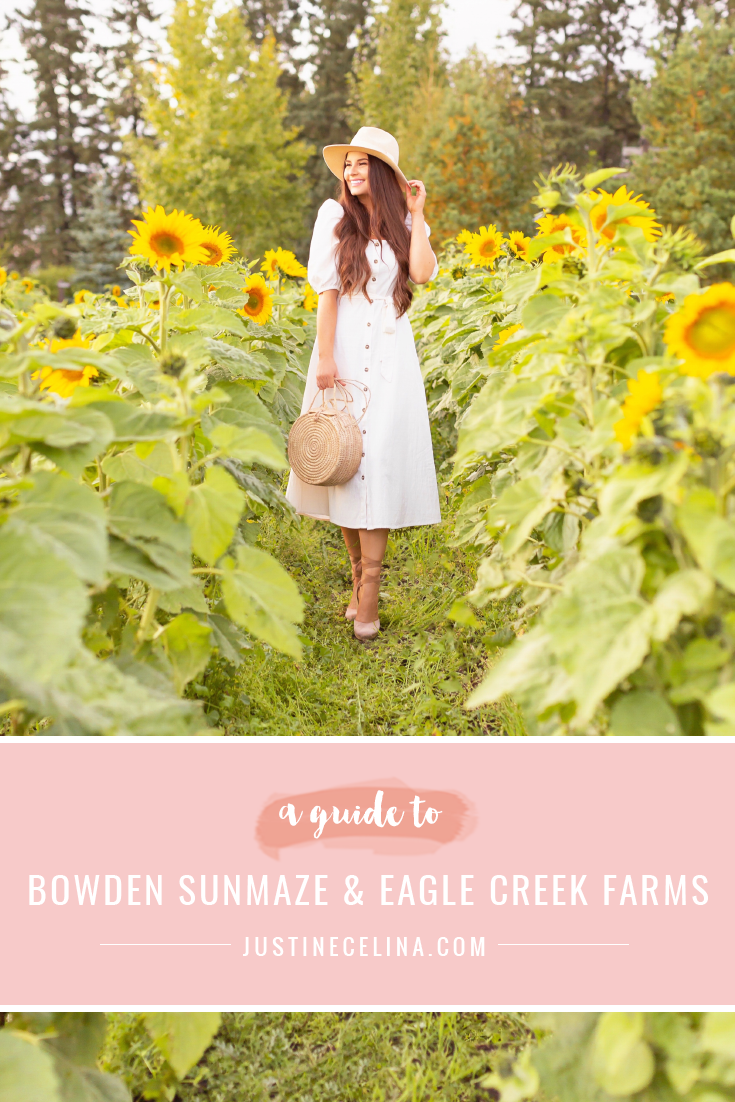 A Guide to Bowden SunMaze & Eagle Creek Farms | Bowden SunMaze September 2020 | Sunflower Field Near Me | The Best Alberta Sunflower Field | Alberta Sunflower U-Pick | Bowden SunMaze Sunflower Field Best Time To Go | Bowden SunMaze Cost | Eagle Creek Farms Review | Sunflower Field Instagram Tips | Cottagecore Aesthetic | Smiling brunette woman wearing a cream Crêped Cotton Dress and woven fedora laughing in a field of sunflowers at sunset | Calgary Lifestyle Blogger // JustineCelina.com