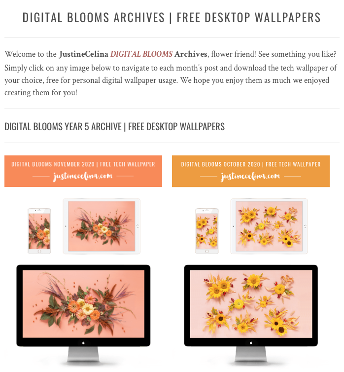 Browse the JustineCelina Digital Blooms archives for access to 5 years of free floral tech wallpapers // JustineCelina.com