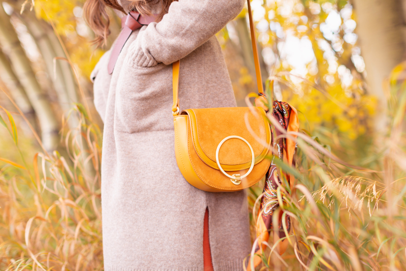 Early Autumn 2020 Lookbook | Cozy Coatigan | Brunette woman wearing a beige coatigan, cognac tie-detail belt and mustard crossbody saddle bag with a vintage paisley scarf tied to the strap during the fall | Top Fall 2020 Trends | Boho Fall 2020 Outfit Ideas | Top Fall 2020 Trends | Fall on the Alberta Prairies | How to Style a Coatigan | The Best Coatigans | Bohemian Fall outfit Ideas | Cottagecore Fall Outfit Ideas | Calgary Alberta Fashion & Lifestyle Blogger // JustineCelina.com