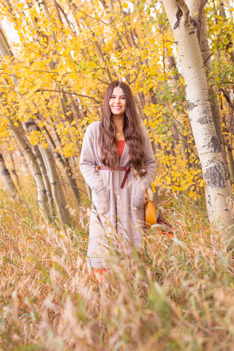 Early Autumn 2020 Lookbook | Cozy Coatigan | Smiling brunette woman wearing a beige coatigan, cognac tie-detail belt, rust smocked peasant sleeve dress and mustard crossbody saddle bag with a vintage paisley scarf during the fall | Top Fall 2020 Trends | Boho Fall 2020 Outfit Ideas | Top Fall 2020 Trends | How to Style a Coatigan | The Best Coatigans | Bohemian Fall outfit Ideas | Cottagecore Fall Outfit Ideas | Calgary Alberta Fashion & Lifestyle Blogger // JustineCelina.com