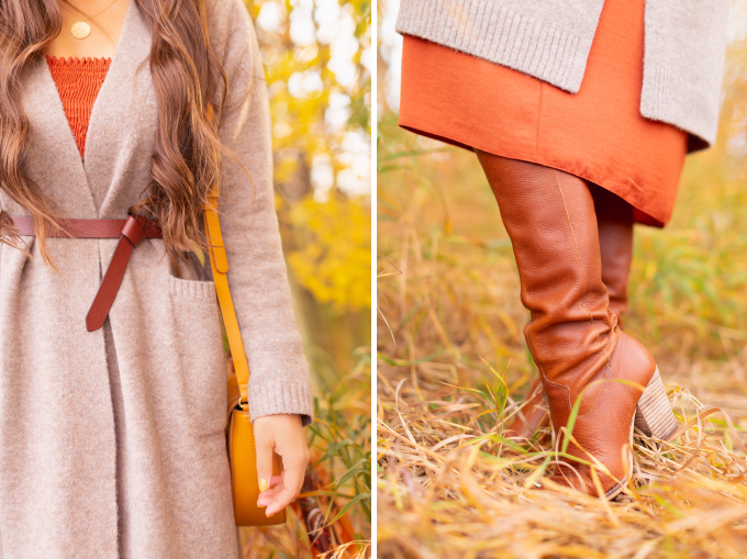 Early Autumn 2020 Lookbook | Cozy Coatigan | Brunette woman wearing a beige coatigan, cognac tie-detail belt, rust smocked dress and mustard crossbody saddle bag and cognac leather knee-high boots during the fall | Top Fall 2020 Trends | Boho Fall 2020 Outfit Ideas | Top Fall 2020 Trends | How to Style a Coatigan | The Best Coatigans | Bohemian Fall outfit Ideas | Cottagecore Fall Outfit Ideas | Calgary Alberta Fashion & Lifestyle Blogger // JustineCelina.com