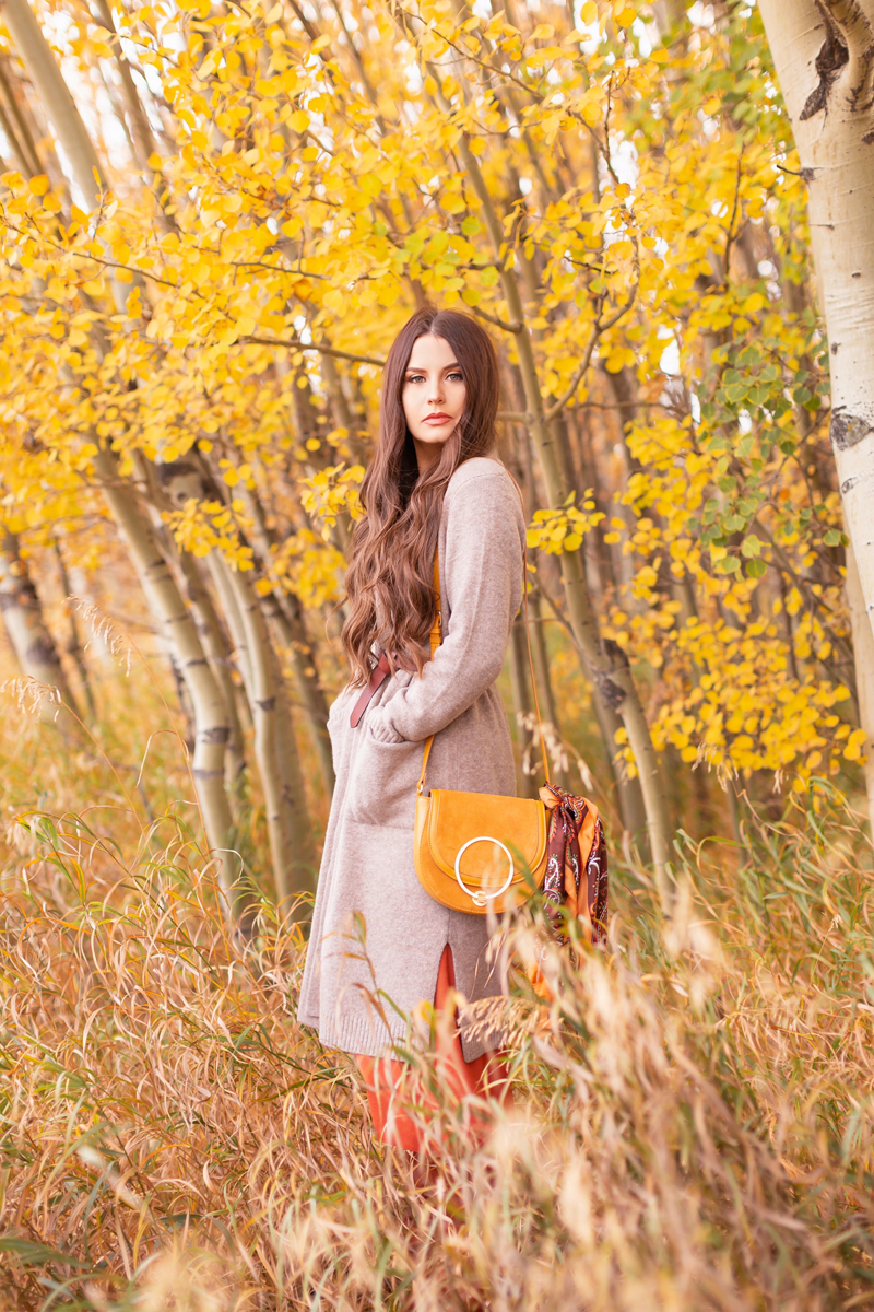 Early Autumn 2020 Lookbook | Cozy Coatigan | Brunette woman wearing a beige coatigan, cognac tie-detail belt, rust smocked peasant sleeve dress and mustard crossbody saddle bag with a vintage paisley scarf during the fall | Top Fall 2020 Trends | Boho Fall 2020 Outfit Ideas | Top Fall 2020 Trends | How to Style a Coatigan | The Best Coatigans | Bohemian Fall outfit Ideas | Cottagecore Fall Outfit Ideas | Calgary Alberta Fashion & Lifestyle Blogger // JustineCelina.com