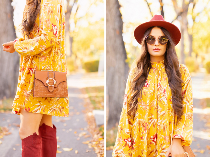 Early Autumn 2020 Lookbook | Mindful Mustard | Brunette woman wearing a rust fedora, a mustard yellow botanical print shift dress, rust knee high western boots and a cognac croc-embossed bag on a sunny autumn afternoon | warm weather fall outfit ideas | Fall 2020 Trend Guide | Casual Fall Fashion | Boho Fall 2020 Outfit Ideas | Fall in Calgary | Transitional Summer Meets Autumn Fashion | Fall Photoshoo Ideas | Calgary Alberta Fashion & Lifestyle Blogger // JustineCelina.com