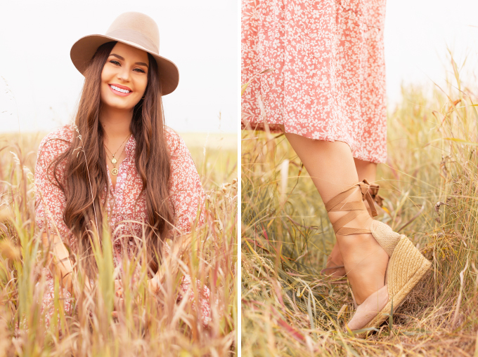 Early Autumn 2020 Lookbook | Prairie Chic | Brunette woman wearing a rose floral midi dress, nude espadrilles, a chunky cream knit, a tan felt fedora and a round jute bag in a wheat field | Boho Fall 2020 Outfit Ideas | Top Fall 2020 Trends | Fall on the Alberta Prairies | Thanksgiving Outfit Idea | Bohemian Fall outfit Ideas | The Best H&M Knitwear | Cottagecore Fall Outfit Ideas | How to Style Summer Dresses Into Fall Calgary Alberta Fashion & Lifestyle Blogger // JustineCelina.com