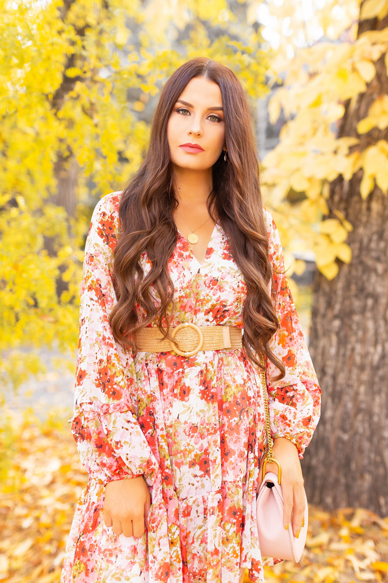 Early Autumn 2020 Lookbook | Urban Florals | Brunette woman wearing a fall floral dress with statement sleeves, a rattan belt and gold jewellery | Boho Fall 2020 Outfit Ideas | Fall in Calgary | How to Style Summer Dresses Into Fall | warm weather fall outfit ideas | How do you transition summer clothes for fall | Top Summer / Fall Trends | Fall 2020 Trend Report | JustineCelina’s Signature Jewellery from JoyDrop Calgary Alberta Fashion & Lifestyle Blogger // JustineCelina.com