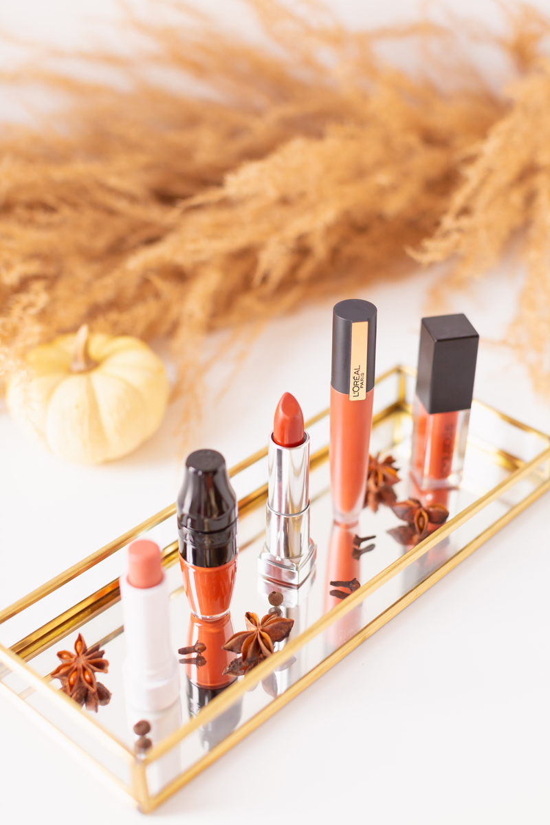 My Top 5 Pumpkin Spice Lipsticks | JustineCelina’s favourite fall lipsticks | Beauty Blogger’s Favourite fall lipsticks | The Best Pumpkin Spice Lipsticks for Fall | Lipstick Trends | Physicians Formula Organic Wear Tinted Lip Treatment in Gingersnap Review, Lancôme Matte Shaker High Pigment Liquid Lipstick in Abrick Adabra Review, L'Oreal Rouge Signature Liquid Lip Colour in I Amaze Review, Smashbox Always On Matte Liquid Lipstick in Out Loud Review | Calgary Beauty Blogger // JustineCelina.com