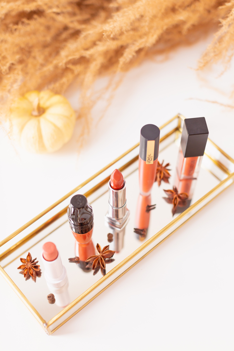 My Top 5 Pumpkin Spice Lipsticks | JustineCelina’s favourite fall lipsticks | Beauty Blogger’s Favourite fall lipsticks | The Best Pumpkin Spice Lipsticks for Fall | Lipstick Trends | Physicians Formula Organic Wear Tinted Lip Treatment in Gingersnap Review, Lancôme Matte Shaker High Pigment Liquid Lipstick in Abrick Adabra Review, L'Oreal Rouge Signature Liquid Lip Colour in I Amaze Review, Smashbox Always On Matte Liquid Lipstick in Out Loud Review | Calgary Beauty Blogger // JustineCelina.com