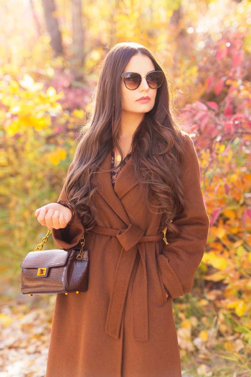 Fall 2020 Lookbook | Chocolate Chic | Brunette woman wearing a brown floral midi dress, chocolate brown wool coat, croc embossed bag and tortoise cat eye sunglasses | Fall in Calgary | Comfortable Fall / Winter Outfit Ideas | Timeless Fall Outfit Ideas | fallwinter 2020 2021 fashion trends | How to match your face mask to your outfit | The Best Coats for Fall | fall 2020 fashion color trends | Monochromatic Fall Outfit | Brown Fall Outfit | Calgary Alberta Fashion Blogger // JustineCelina.com