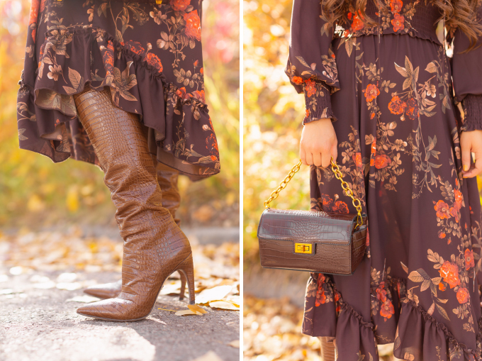 Fall 2020 Lookbook | Chocolate Chic | Brunette woman wearing a brown floral midi dress, brown croc embossed bag, Sam Edelman Fraya Toasted Coconut Boots | Fall in Calgary | Fall / Winter Outfit Ideas | Timeless Fall Outfit Ideas | fallwinter 2020 2021 fashion trends | How to match your face mask to your outfit | fall 2020 fashion color trends | Monochromatic Fall Outfit | The Best Midi Dresses for Fall | How to Style Knee High Boots | Calgary Alberta Fashion Blogger // JustineCelina.com