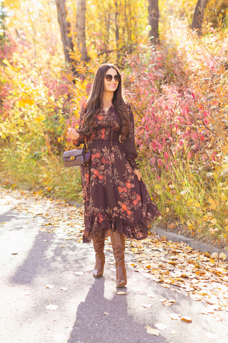 Fall 2020 Lookbook | Chocolate Chic | Brunette woman wearing a brown floral midi dress, brown croc embossed bag, Sam Edelman Fraya Brown Boots & tortoise cat eye sunglasses | Fall in Calgary | Comfortable Fall / Winter Outfit Ideas | Timeless Fall Outfit Ideas | fallwinter 2020 2021 fashion trends | How to match your face mask to your outfit | fall 2020 fashion color trends | Monochromatic Fall Outfit | Calgary Alberta Fashion Blogger // JustineCelina.com