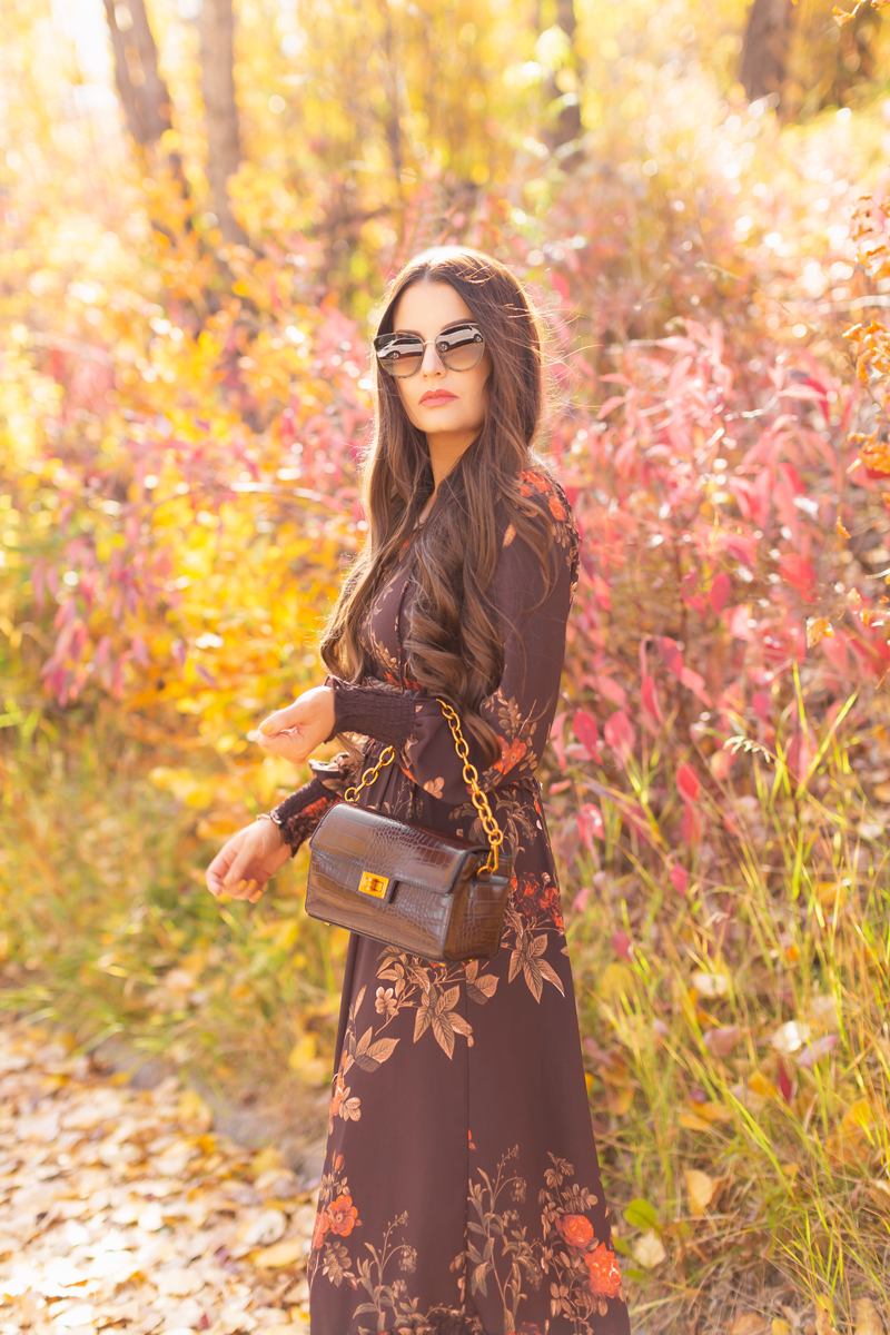 Fall 2020 Lookbook | Chocolate Chic | Brunette woman wearing a brown floral midi dress, brown croc embossed bag, Sam Edelman Fraya Brown Boots & tortoise cat eye sunglasses | Fall in Calgary | Comfortable Fall / Winter Outfit Ideas | Timeless Fall Outfit Ideas | fallwinter 2020 2021 fashion trends | How to match your face mask to your outfit | fall 2020 fashion color trends | Monochromatic Fall Outfit | Calgary Alberta Fashion Blogger // JustineCelina.com