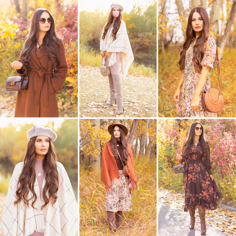 Fall 2020 Lookbook | 3 free spirited, trend focused fall 2020 outfits featuring quality wardrobe staples | Boho Fall Outfit Ideas | Fall in Calgary | How to Style a Poncho | Comfortable Fall / Winter Outfit Ideas | Timeless Fall Outfit Ideas | fallwinter 2020 2021 fashion trends | The Best Stylish Non-Medical Face Masks | Monochromatic Fall Outfit | How to Style Midi Dresses into Fall and Winter | Creative Layering Ideas | How to Mix Prints | Calgary Alberta Fashion Blogger // JustineCelina.com