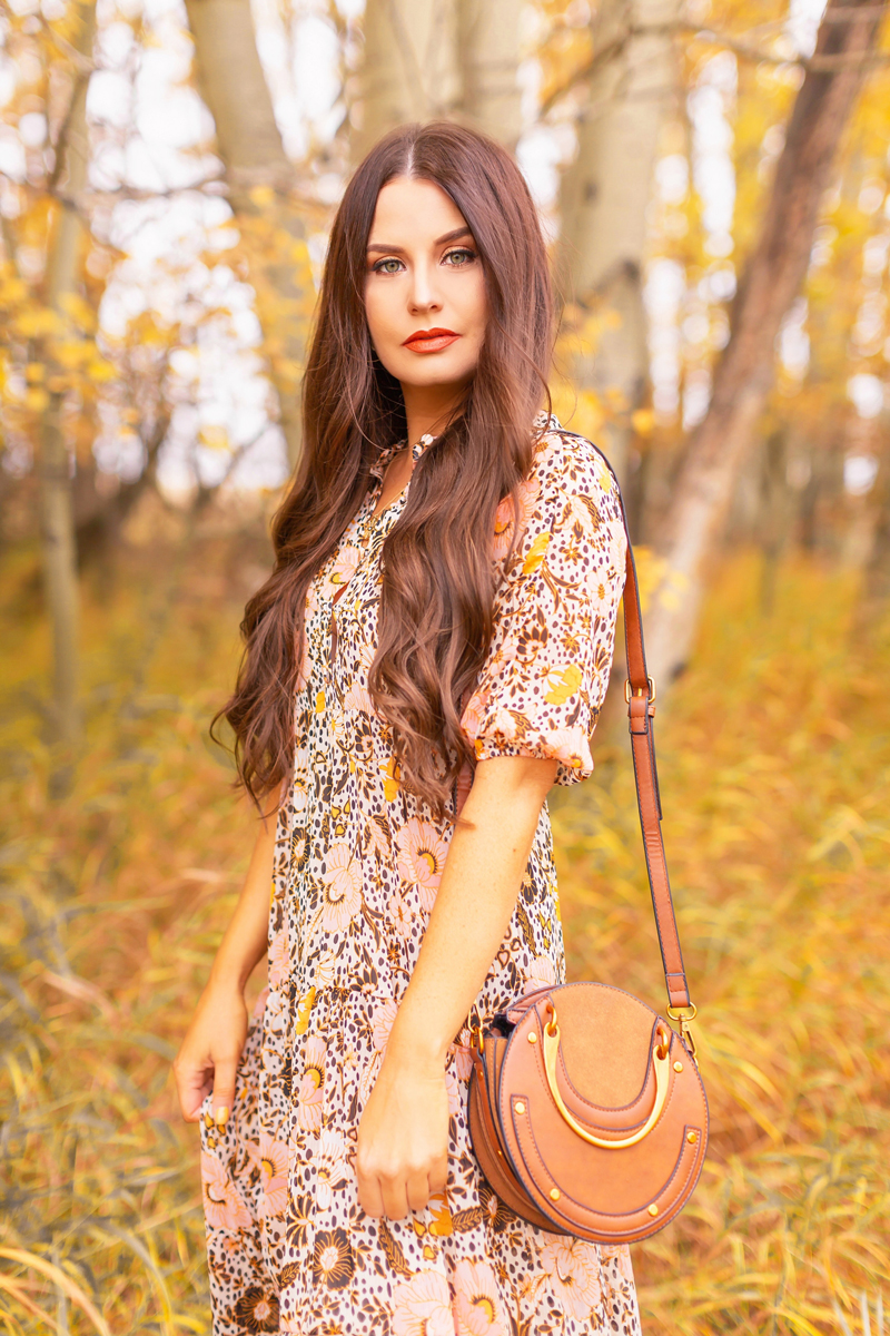 Fall 2020 Lookbook | A Lesson in Layering | Brunette woman wearing a fall floral midi dress, and a round cognac crossbody bag amongst fall leaves | Boho Fall 2020 Outfit Ideas | Top Fall / Winter 2020 Trends | Fall on the Alberta Prairies | Bohemian Fall / Winter outfit Ideas | Cottagecore Fall / Winter Outfit Ideas | How to Style Midi Dresses into Fall and Winter | Creative Layering Ideas | The Best Midi Dresses for Fall | Calgary Alberta Fashion Blogger // JustineCelina.com