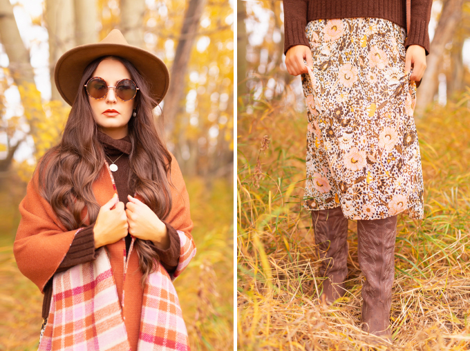 Fall 2020 Lookbook | A Lesson in Layering | Brunette woman wearing a fall floral midi dress, a burnt orange shawl, a brown fedora and a round cognac crossbody bag amongst fall leaves | Boho Fall 2020 Outfit Ideas | Top Fall / Winter 2020 Trends | Bohemian Fall / Winter outfit Ideas | Cottagecore Fall / Winter Outfit Ideas | How to Style Midi Dresses for Fall and Winter | Creative Layering Ideas | How to Mix Prints | Calgary Alberta Fashion Blogger // JustineCelina.com