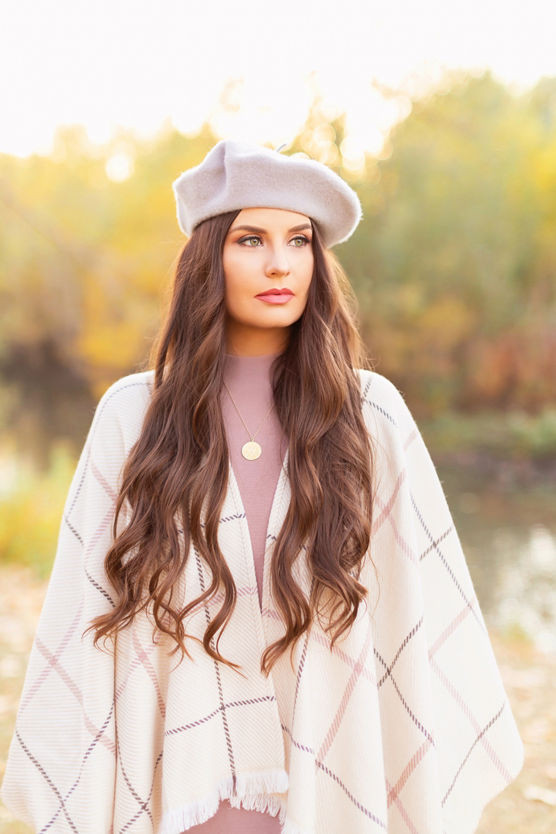 Fall 2020 Lookbook | Ruana Revival | Brunette woman wearing a cream ruana poncho, cotton blush sweater dress, grey beret and gold coin necklace | Boho Fall 2020 Outfit Ideas | Fall in Calgary | How to Style a Poncho | Comfortable Fall / Winter Outfit Ideas | Timeless Fall Outfit Ideas | fallwinter 2020 2021 fashion trends | fall 2020 womens fashion trends | Uniqlo Canada Review | Monochromatic Fall Outfit Ideas | Casual Fall Fashion |  Calgary Alberta Fashion Blogger // JustineCelina.com