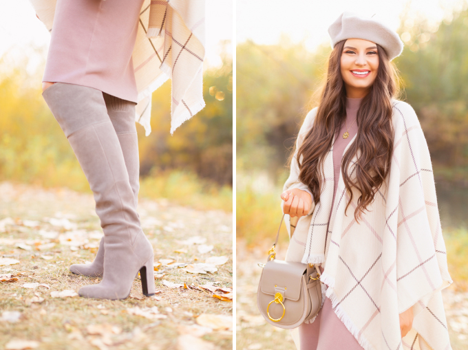 Fall 2020 Lookbook | Ruana Revival | Smiling brunette woman wearing a cream ruana poncho, cotton blush sweater dress, grey beret, grey Chloe Tess bag and grey knee high suede boots | Boho Fall 2020 Outfit Ideas | Fall in Calgary | How to Style a Poncho | Comfortable Fall / Winter Outfit Ideas | Timeless Fall Outfit Ideas | fallwinter 2020 2021 fashion trends | fall 2020 womens fashion trends | Monochromatic Fall Outfit | Calgary Alberta Fashion Blogger // JustineCelina.com