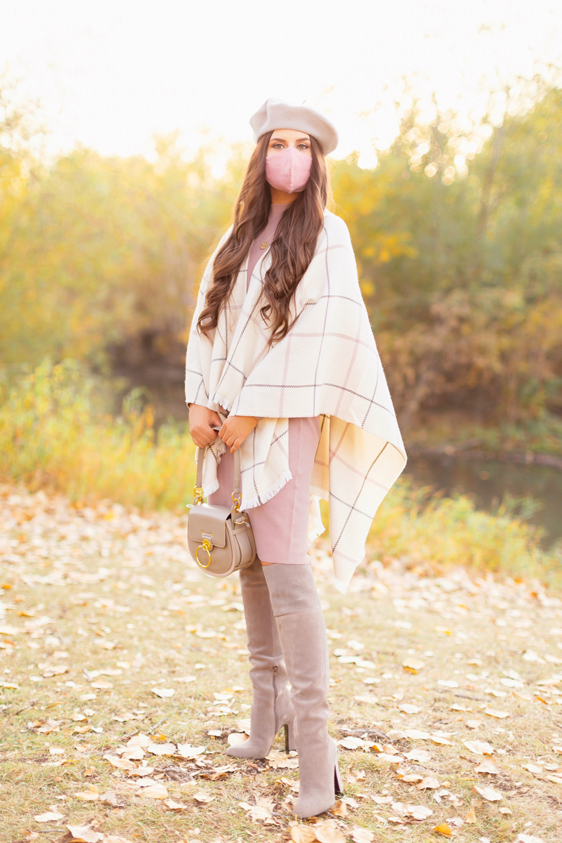 Fall 2020 Lookbook | Ruana Revival | Brunette woman wearing a cream ruana poncho, blush sweater dress, grey beret, grey Chloe Tess bag & grey knee high suede boots | Boho Fall 2020 Outfit Ideas | Fall in Calgary | How to Style a Poncho | Comfortable Fall / Winter Outfit Ideas | Timeless Fall Outfit Ideas | fallwinter 2020 2021 fashion trends | How to match your face mask to your outfit | The Best Linen Face Masks | Monochromatic Fall Outfit | Calgary Alberta Fashion Blogger // JustineCelina.com