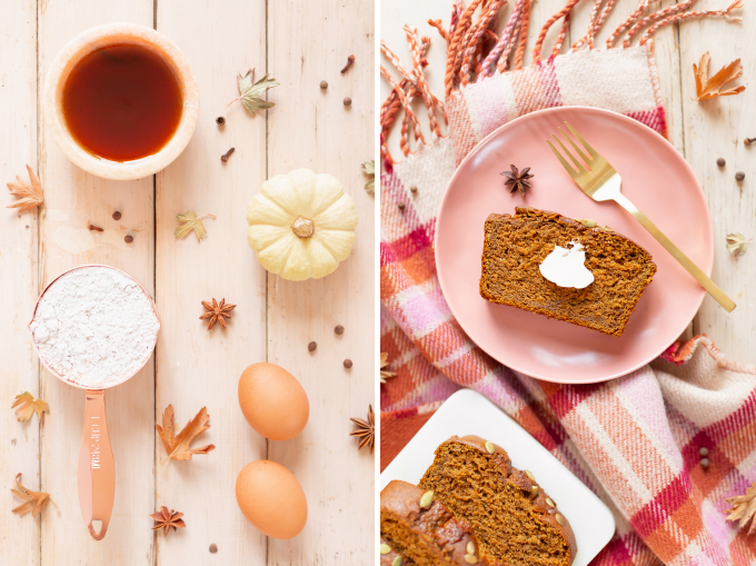 Gluten Free Mapled Pumpkin Chai Bread | Sliced Pumpkin Bread on a Marble Serving Board, served on 2 pink plates with gold forks and a chai latte | Chai Spice Bread styled with spices and white mini pumpkins arranged on blush pink barn board backdrop | Easy Pumpkin Bread | Moist Pumpkin Bread | The Best Gluten Free Fall Baking Recipes | No Sugar Pumpkin Bread | Maple Syrup Pumpkin Bread | Pumpkin Bread Cake | Healthy Pumpkin Bread | Calgary Plant Based Food Blogger // JustineCelina.com