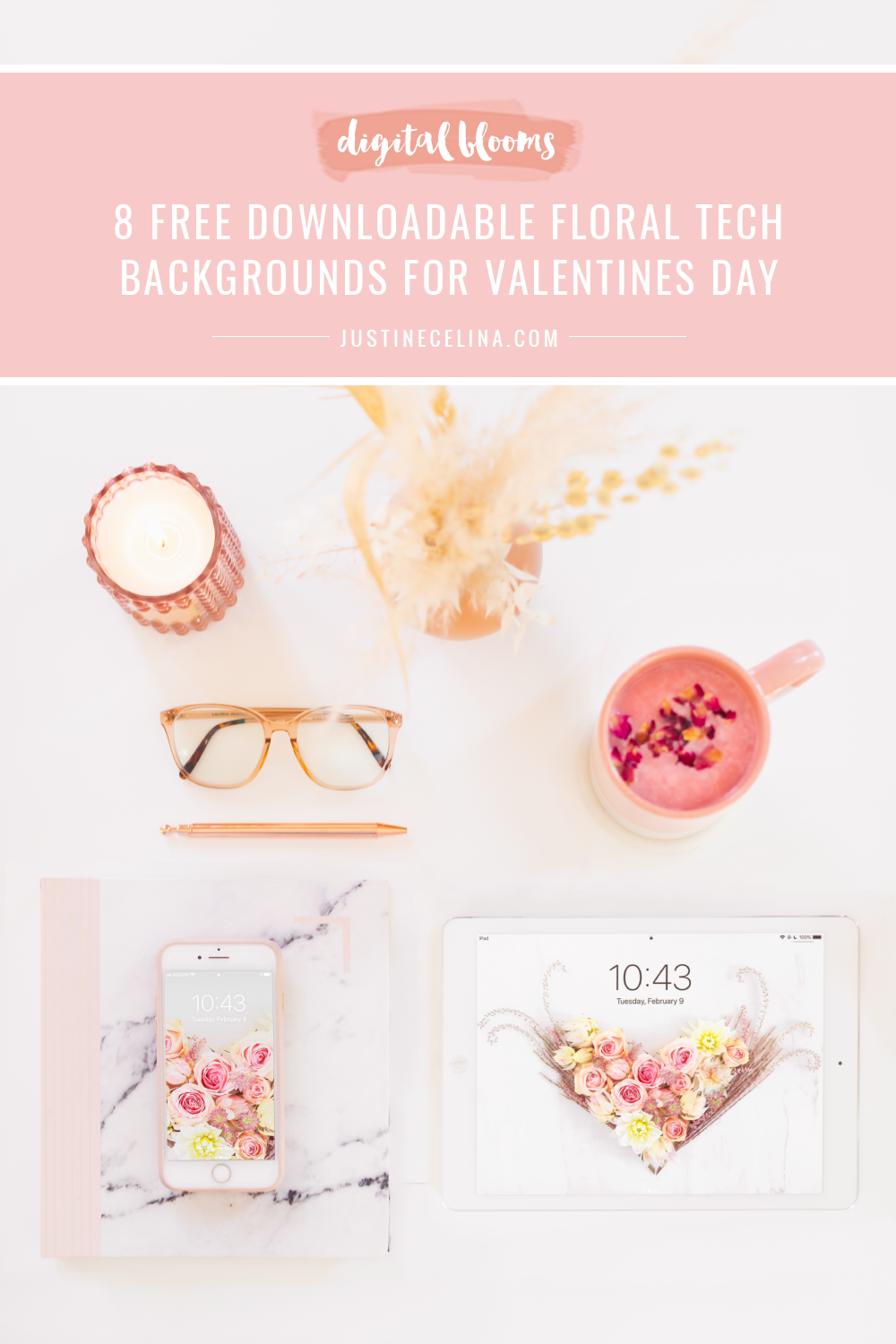 Free Valentine’s Day Flower Wallpapers | 8 Free Downloadable Floral Tech Backgrounds for February | Feminine WFH set up with an iPad and iPhone featuring JustineCelina’s floral heart wallpaper, a blush pink marble journal and planner, a pampas grass arrangement and rose petal latte blue light glasses on a white desk | Female Entrepreneur Digital Wallpapers | The Best of Justine Celina’s February Digital Blooms | Best Valentine’s Day Computer Backgrounds | Valentine’s Day Desktop Wallpaper | Valentines Day Wallpaper iPhone | Calgary Creative Lifestyle Blogger // JustineCelina.com