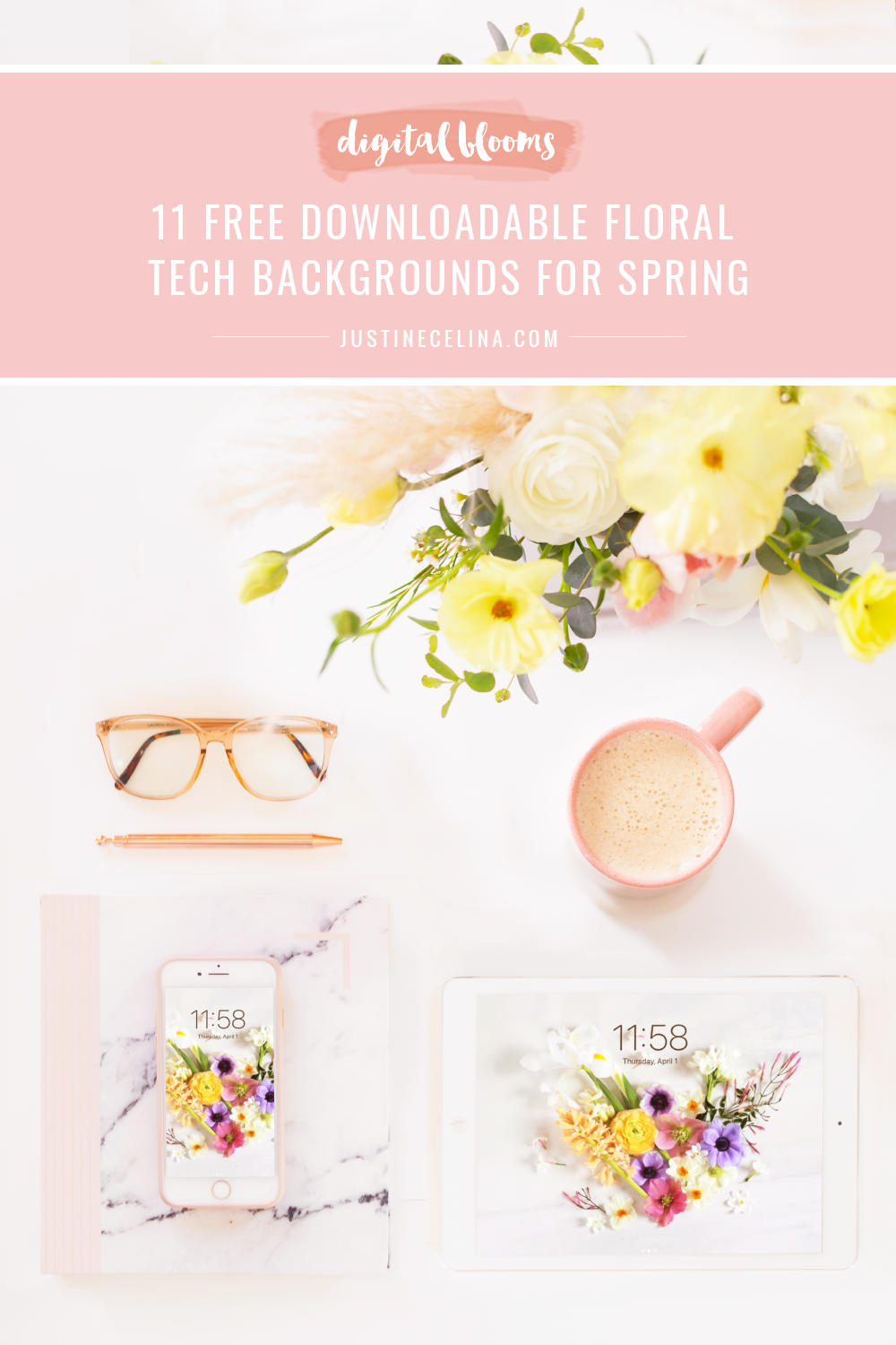 Free Spring Flower Wallpapers | 11 Free Downloadable Floral Tech Backgrounds for April | Feminine WFH set up with an iPhone and iPad featuring JustineCelina’s spring floral heart wallpaper, a blush pink marble journal and planner, a pampas grass spring arrangement and latte on a white desk | Female Entrepreneur Digital Wallpapers | The Best of Justine Celina’s April Digital Blooms | Best Spring Computer Backgrounds | Spring Desktop Wallpaper | March Wallpaper iPhone // JustineCelina.com