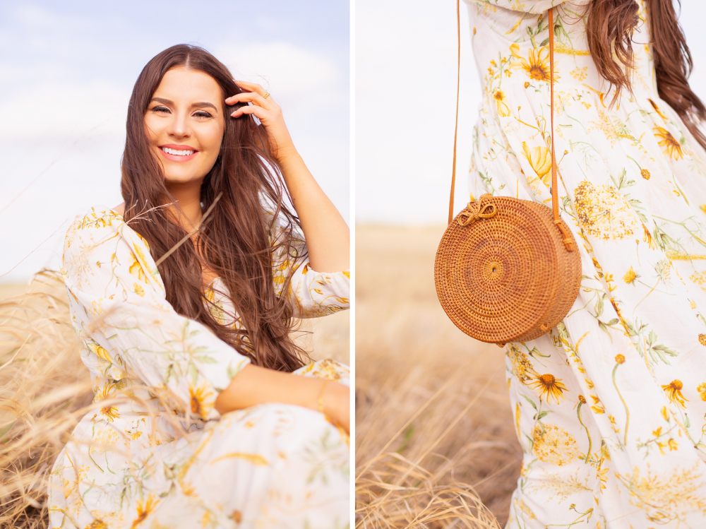H&M Wildflower Collection Review | Brunette woman wearing a H&M A Meadow of Wildflowers Collection Long Crinkled Dress and a round woven Balinese bag in a wheat field in the wind | H&M Wildflower Collection Canada | H&M Wildflower Collection Canada | Spring/Summer 2021 Trends | The Best Cotton Dresses 2021 | Boho Spring / Summer Outfit Ideas | Alberta Wildflower Field | Cottage Core Fashion | Cottagecore Outfits | Calgary Creative Lifestyle & Fashion Blogger // JustineCelina.com