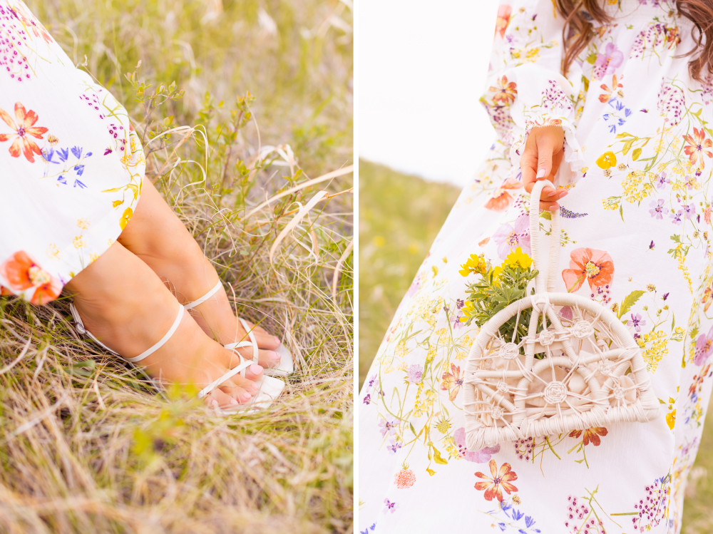 H&M Wildflower Collection Review | Brunette woman wearing a H&M A Meadow of Wildflowers Collection Smock-Detail Dress with white strappy sandals holding a natural straw bag with yellow wildflowers | H&M Wildflower Collection Canada | H&M Wildflower Collection Canada | Spring/Summer 2021 Trends | The Best Cotton Dresses 2021 | Boho Spring / Summer Outfit Ideas | The Best H&M Dresses Summer 2021| Cottagecore Outfits | Calgary Creative Lifestyle & Fashion Blogger // JustineCelina.com