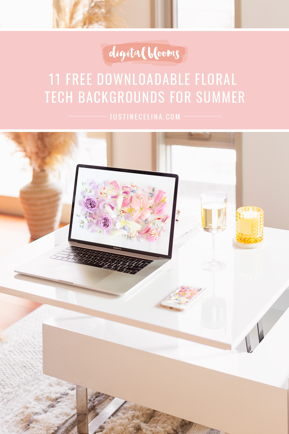 DIGITAL BLOOMS JUNE 2021 | 11 Free Downloadable Floral Tech Backgrounds for Summer | Feminine WFH set up with a MacBook Pro and iPhone featuring JustineCelina’s pastel June Digital Blooms floral tech wallpaper, a glass of white wine and a yellow candle in a bright and sunny bohemian Living Room | Female Entrepreneur Digital Wallpapers | The Best of Justine Celina’s Summer Digital Blooms | Summer Flower Desktop Wallpaper | Calgary Creative Lifestyle Blogger // JustineCelina.com