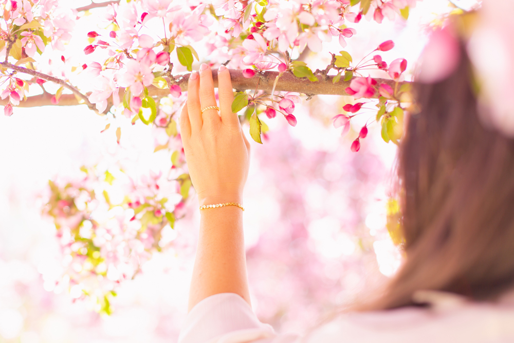 My Joydrop Calgary Jewelry Collection | Brunette woman amongst a blooming cherry blossom tree wearing a Gorjana & Griffin Chloe Bracelet and Crew Ring Set | JustineCelina’s Signature Jewelry | Spring / Summer 2021 Jewelry Trends | Top Accessory Trends Spring / Summer 2021 | How to style gold plated jewelry | Jewelry Trends Summer 2021 | Boho Jewelry Trends 2021 | The Best Gold Plated Jewelry Canada | Calgary Lifestyle and Fashion Blogger // JustineCelina.com